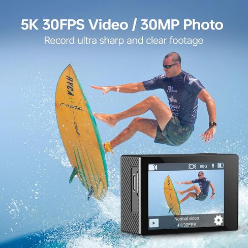 Action Camera 5K 30FPS Waterproof Camera Underwater 131 FT with EIS, Sports Camera 5X Zoom with 64GB SD Card, 2 Battery and Remote Control, Black in Saudi Arabia
