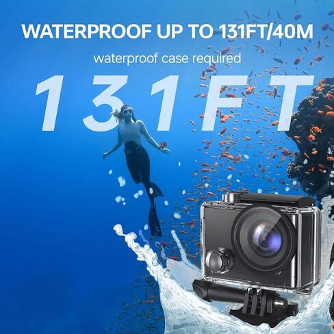Action Camera 5K 30FPS Waterproof Camera Underwater 131 FT with EIS, Sports Camera 5X Zoom with 64GB SD Card, 2 Battery and Remote Control, Black in Saudi Arabia