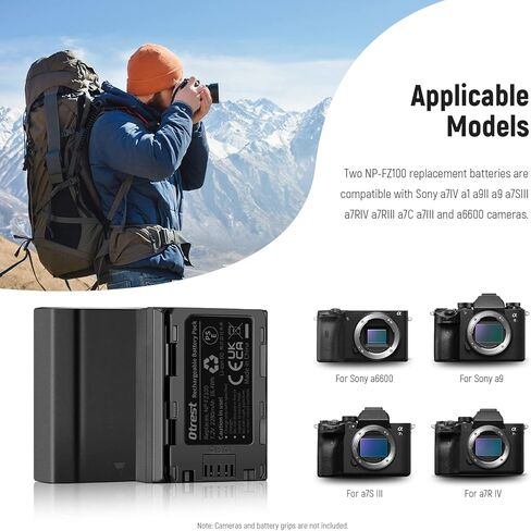 مجموعة بطارية وشاحن بديلة NP-FZ100، بطاريات 2280 مللي أمبير مع شاحن USB مزدوج وكابل شحن، متوافقة مع Sony FX3 FX30 a1 a9 II a9 a7R IV a7S III a7 III a7 IV a7C a6600، عبوتان in Kuwait