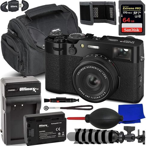 كاميرا رقمية SSE FUJIFILM X100VI (أسود) - تتضمن الحزمة: بطاقة ذاكرة SDXC سعة 64 جيجابايت، وبطارية بديلة وشاحن، وحقيبة أدوات، ومقبض 8 بوصات وأكثر من ذلك بكثير (حزمة مكونة من 12 قطعة) in Saudi Arabia