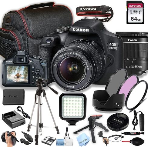 Canon EOS 2000D / Rebel T7 w/EF-S 18-55mm F/3.5-5.6 Zoom Lens + 64GB Memory, Filters,Case, Tripod, LED Light, Remote, and More (35pc DSLR Camera Bundle) (Renewed) in Saudi Arabia