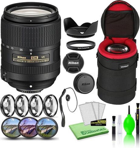 حزمة عدسة Nikon AF-S DX NIKKOR مقاس 18-300 مم f/3.5-6.3G ED VR (2216) مع حافظة عدسة مبطنة + طقم مرشح ماكرو + فلاتر عدسات UV وCPL وFL + غطاء توليب + حافظة غطاء العدسة + مجموعة تنظيف in Saudi Arabia