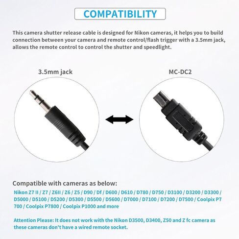 3.5mm to N3 Camera Shutter Release Cable Remote Control Cord Speedlight Flash Trigger Connect Spring Coiled Wire Cord for Nikon Z7 Z7II Z6 Z6II Z5 D750 D780 P1000 D7500 D7200 D5600 in Saudi Arabia