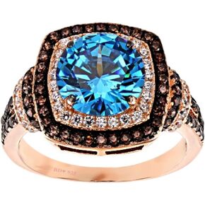 18k Rose Gold Silver Chocolate Brown Mediterranean Blue Cushion Halo Ring 4.40 Ctw.