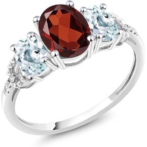 Gem Stone King 10K White Gold Red Garnet Sky Blue Aquamarine and Diamond Accent 3 Stone Women's Engagement Ring (2.11 Cttw, Gemstone Birthstone, Available In Size 5, 6, 7, 8, 9)