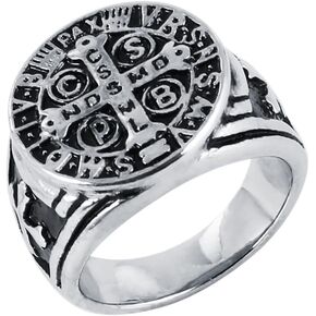 HZMAN Men Women St Benedict Exorcism Ring Silver Stainless Steel Catholic Roman Cross Demon Protection Ghost Hunter
