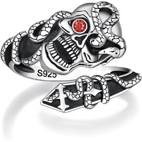 BEILIN Skull Rings 925 Sterling Silver Snake Ring Gothic Skull Adjustable Cross Statement Ring Vintage Victorian Thumb Jewelry Gift for Women Men