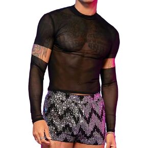 SHENHE Men's Cut Out Sheer Mesh Crewneck Long Sleeve Fitted Crop Tee Shirt Party Top in Saudi Arabia