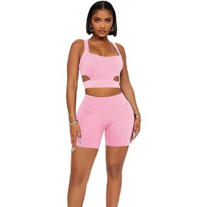 Workout Sets for Women 2 Piece Seamless Ribbed Hollow out Crop Tank High Waist Shorts Yoga Outfits Tracksuits
