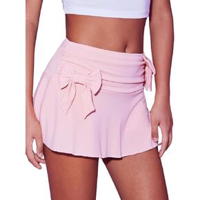 MakeMeChic Women's Solid High Waist Ruffle Lettuce Trim Bow Front Ruched A Line Mini Short Skirt