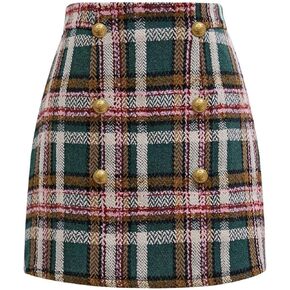 CHICWISH Women Wool Plaid Mini Skirt High Waisted Pencil Skirts Short Tight Bodycon Skirt with Golden Buttons
