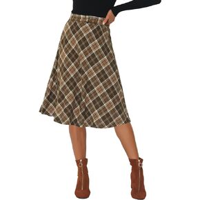 Allegra K Vintage Tartan Plaid Skirt for Women's High Waist Belted Retro A-Line Midi Skirt