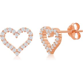 Sterling Silver Rose Tone or Gold Tone Open Heart Cubic Zirconia Stud Earrings