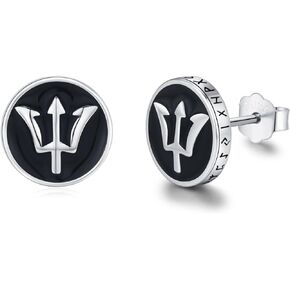 Black Stud Earrings for Men,Poseidon's Trident Studs 925 Sterling Silver Roud Black Studs Trident Jewelry Greek Studs Jewelry Gift for Men Women 10mm