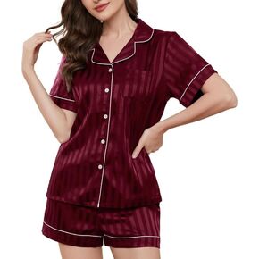 U2SKIIN Women Pajamas Satin Shorts Set, Silk Pajamas for Women Summer Striped Button Down Pjs Sets