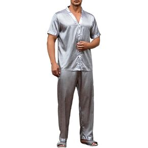 WDIRARA Men's 2 Piece Pajama Set Geo Print Satin Button Down Short Sleeve Sleepshirt With Pants