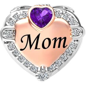 February Birthstone Charms Mom Rose Gold Heart Love Family Charm bead Mothers Day Birthday Gifts for Womens Compatible with Pandora Bracelets