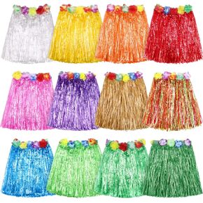 Shappy 12 Pieces Muticolor Hawaiian Luau Hibiscus Green Silk Faux Flowers Hula Grass Skirt for Costume Party, Birthdays, Celebration