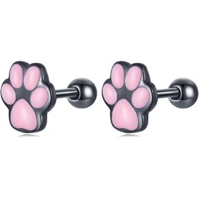 WOSTU Cat Paw Stud Earring for Women S925 Sterling Silver Pet Footprint Earring Hypoallergenic Jewelry Gift for Women Teen Girls Cat Lovers Black Pink