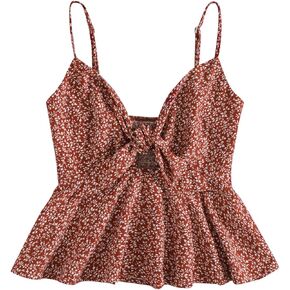 GORGLITTER Women's Ruffle Floral Peplum Crop Top Boho Sleeveless Tie Front Smocked Cami