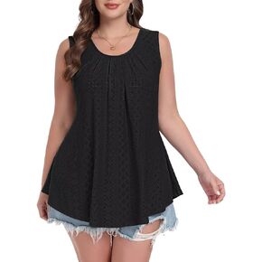 MONNURO Plus Size Tank Tops Summer Tops Eyelet Sleeveless T-Shirts Scoop Neck Loose Flowy Casual Tunic Shirts(1X-6X)