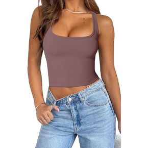 Womens Solid Square Neck Sleevless Crop Tops Summer Casual Basic Racerback Tank Tops