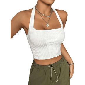 MakeMeChic Women's Solid Ribbed Knit Cropped Camisole Sleeveless Slim Fitted Crop Halter Top