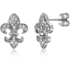 BERRICLE Rhodium Plated Sterling Silver Cubic Zirconia CZ Fleur De Lis Wedding Stud Earrings