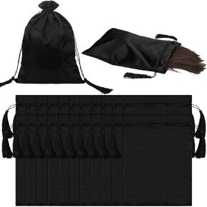 30 Pcs Satin Wig Bag Satin Silk Bags Large Hair Packaging Drawstring Pouch with Tassel for Women Wigs Hair Extensions Hair Tools Storage Travel Home Salon Makeup Gift, Black