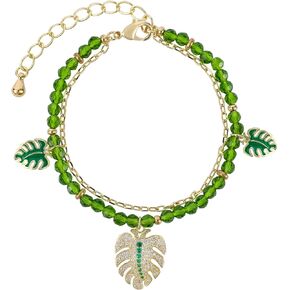 Monstera Leaf Bracelet for Women Double Layer Green Beaded Monstera Palm Leaf Bracelet Gold Adjustable Chain Jungle Theme Bracelet with Dainty Palm Leaf Pendant for Teen Girls Christmas Jewelry Gift