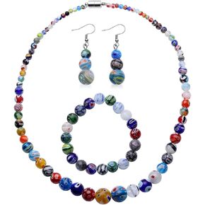 شوب ال سي دليفرنج جوي طقم مجوهرات متعدد الالوان للنساء من الخرز الزجاجي وقلادة وسوار قابل للتمدد واقراط من الستانلس ستيل مقاس 20 انش، هدايا عيد الميلاد، 20، معدن، زجاج مورانو, معدن, زجاج مورانو in Kuwait