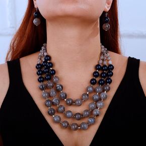 3-layered Chunky Crystal Beaded Necklace with Earrings