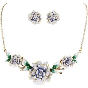 EVER FAITH Women's Austrian Crystal Enamel 3 Peony Flowers Necklace Earrings Set Gold-Tone