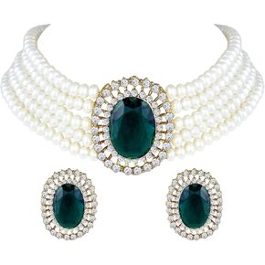 I Jewels Gold Plated Indian Wedding Bollywood Green Stone Studded Pearl Choker Necklace Jewellery Set For Women/Girls (ML316)