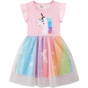 Fashion Princess Girls Short Sleeve Glitter Unicorn MLP Rainbow Tulle Skirt Birthday Party Dress
