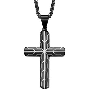 JO WISDOM Black Blue Cross for Men Necklace 316L Stainless Steel Titanium Steel Crucifix Religious Cross Pendant with 24 Inch Pearl Chain 3 MM