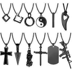 FIASASO 12Pcs Stainless Steel Pendant Necklace for Men Cool Goth Necklace Funky Gothic Cross Dog Tag Yin Yang Triangle Pendant Chain Necklace Set Black & Silver Tone …