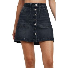 Khanomak Women's High Waist Front Button Closure with Front Pockets Denim A-line Skirt