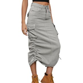 Women Y2k Cargo Skirts Casual A-Line Side Drawstring Split Back Midi Long Denim Skirt with Pockets