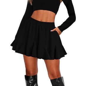 Afibi Women's Pleated Skater Skirt with Pockets High Waisted Ruffles Flared Mini Short Skirts