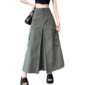 Kisidoo Cargo Long Skirts for Women Trendy - High Waisted Vintage A-line Knee Length Midi Skirt with Flap Pockets