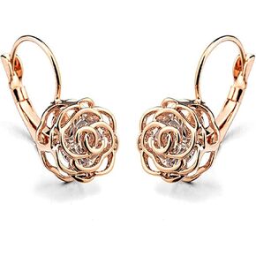 Gold Plated Hollow Style Rose Flower Leverback Earrings with Clear Swarovski Elements Crystal Fashion Jewelry for Women in Kuwait