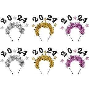 6Pcs Happy New Year Star Headband, 2024 New Year Headband, Glitter Star Sequins Headband, Star Tinsel Hairband, Glitter Hair Hoops, Tiara for 2024 New Years Eve Christmas
