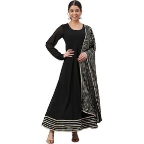 Janasya Indian Women's Black Georgette Solid Kurta with and Dupatta