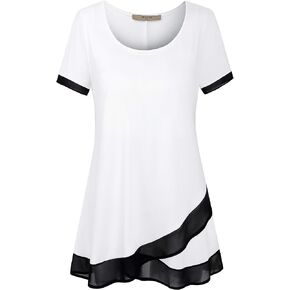 Miusey Womens Short Sleeve Tunic Tops Scoop Neck Asymmetrical Hem Tunics Chiffon Patchwork Flowy Tunic Shirts for Leggings
