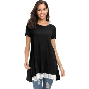 Afibi Womens Short Sleeve Tunic Tops A-Line Flowy Lace Trim Shirt Blouse