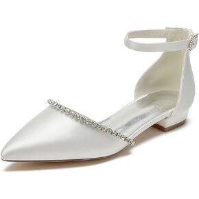 Jishevous Women Pointed Toe Wedding Pumps Beaded Satin Flats Prom Evening Dress Flat Shoes