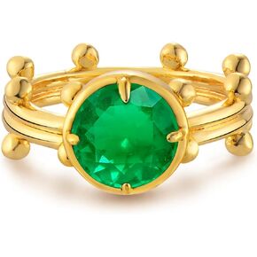 Gold Simulated Emerald/Paraiba Ring for Women Solitaire 8MM Round Cut 14K Gold Plated Minimalist Stack Tiny Bead Ball Ribbed Band Finger Jewelry Size 6-8