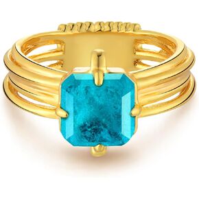 GNIRTSI Gold Simulated Emerald/Paraiba Ring for Women Solitaire 8MM Square Cut 14K Gold Plated Minimalist Stack Six-in-One Row Rolling Interlocking Wide Band Finger Jewelry Size 6-8