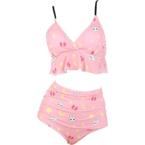haikyuu Women Pink Flounce V Neck Two Piece Swimsuit High Waisted Bikini Set Ruffle Tummy Control Bathing Suit Swimwear